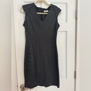 Calvin Klein-Striped V-Neck Sheath Dress in Black and Gray